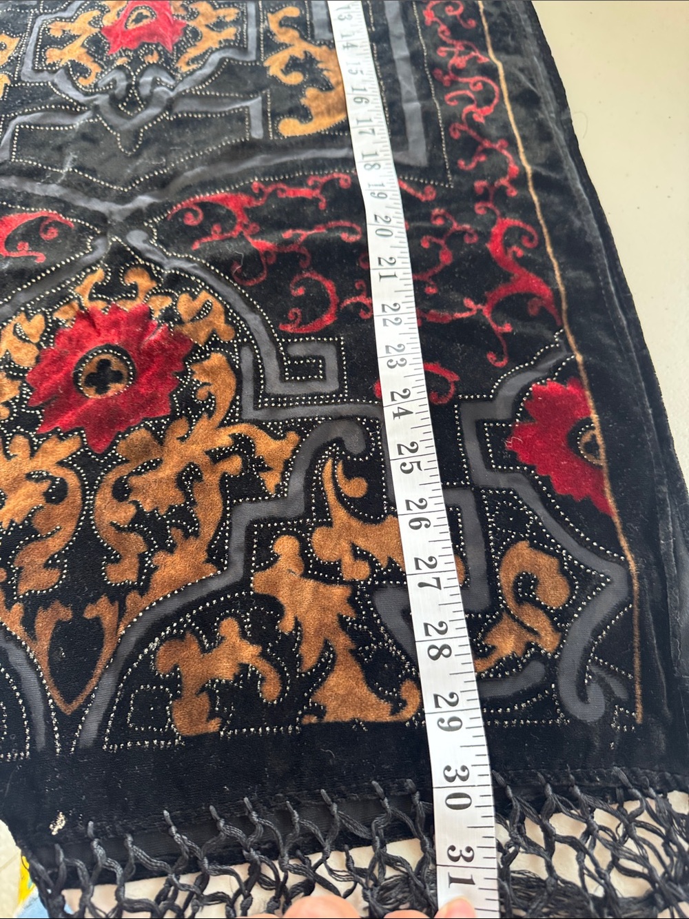 Vintage Silk Blend Velvet Burnout Scarf Black Red Fringe Boho Evening Lagenlook - Picture 10 of 11